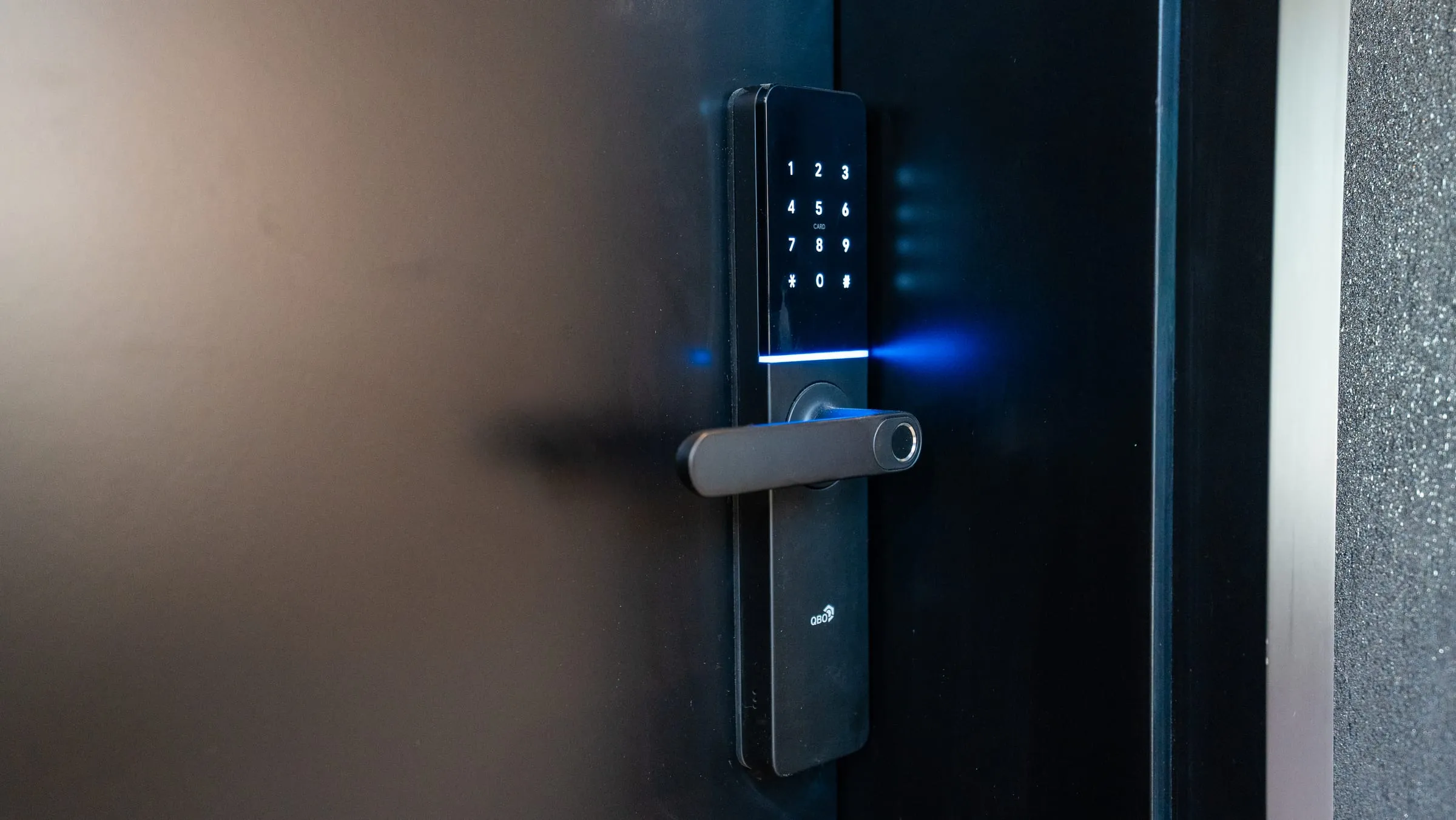 Cerradura inteligente con teclado sobre puerta laqueada negra en Buena Vista Aldea Black, Fisherton