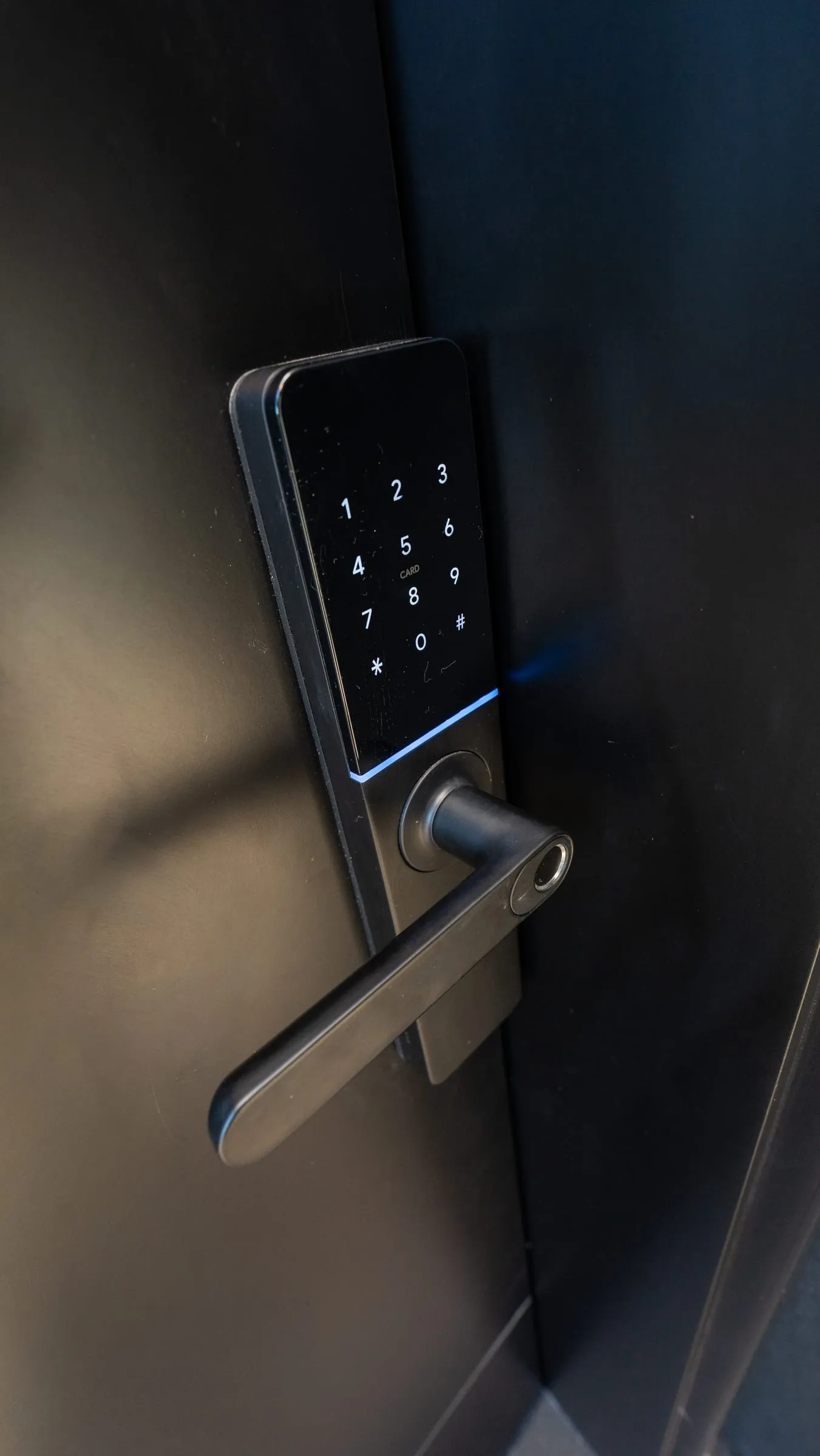 Detalle de manija y control de acceso negro en puerta de oficina de Buena Vista